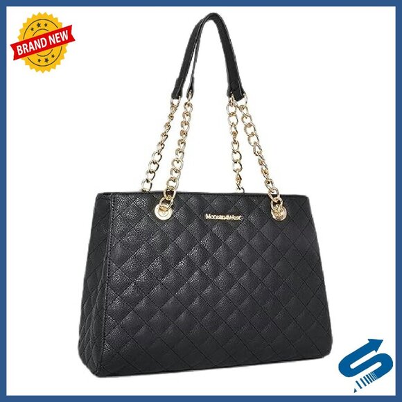 Quilted Medium Tote Bag with Gold Chain Strap - 13.25x9.5x5.5 - Picture 2 of 8